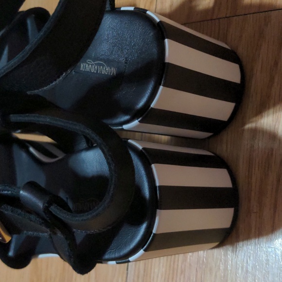 FINAL PRICE Marina Rinaldi Striped Platform Sandals Leather Black White - Picture 7 of 8